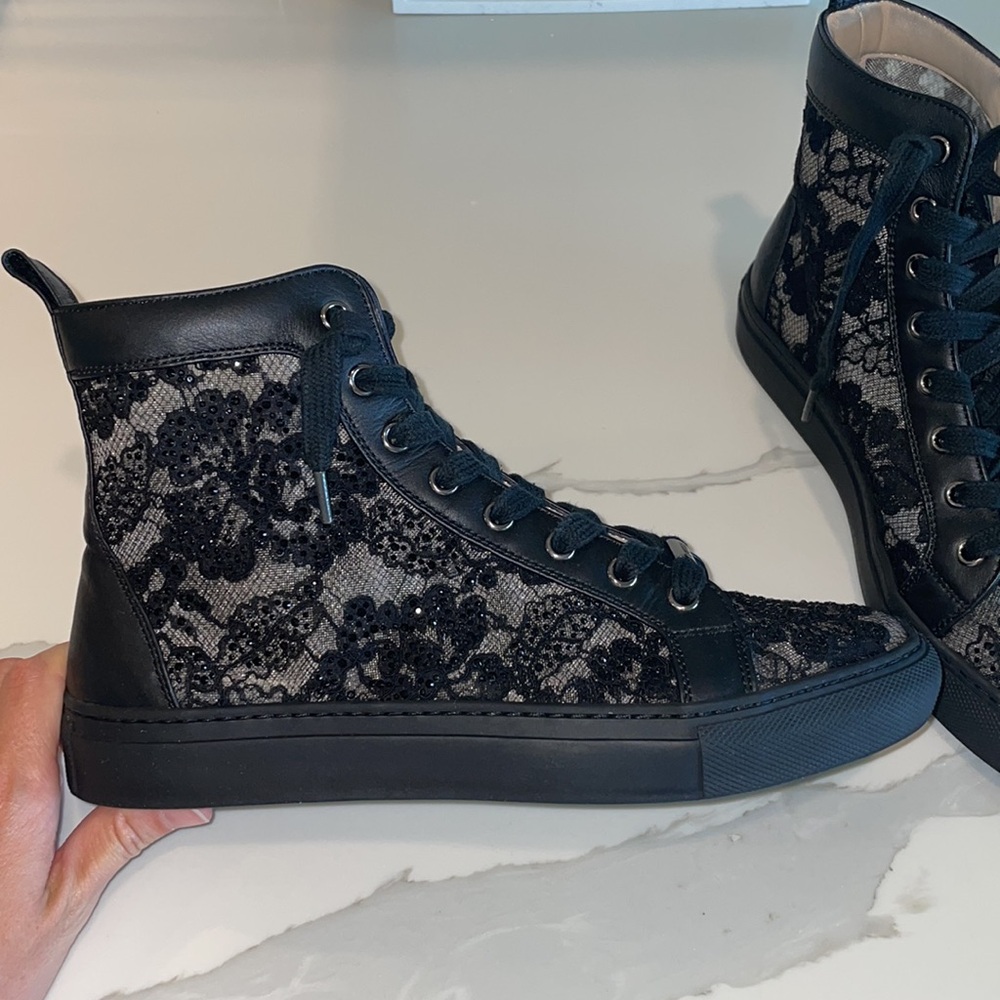 Le Silla 
Black Mesh Lace And Black Crystals High-Top Sneakers